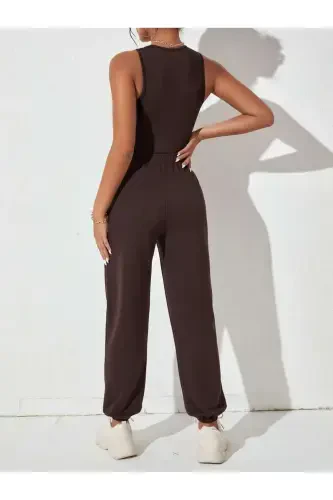 Джоггеры - Коричневый Спортивные Штаны - Коричневый Эластичный Низ Высокая Талия Зимние-Коричневый - 3