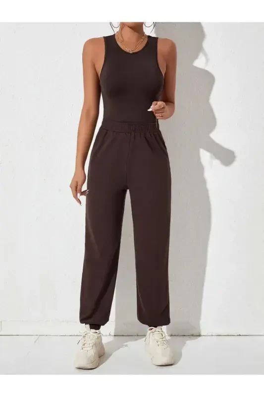 Джоггеры - Коричневый Спортивные Штаны - Коричневый Эластичный Низ Высокая Талия Зимние-Коричневый - 5