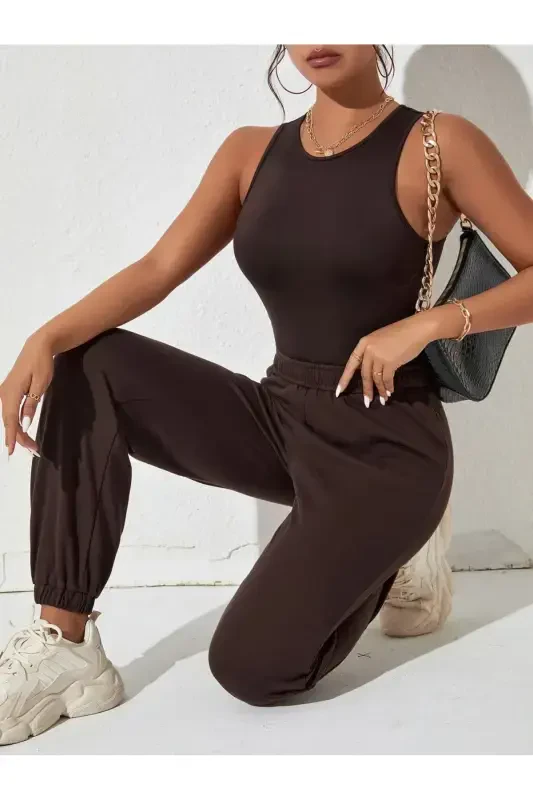 Джоггеры - Коричневый Спортивные Штаны - Коричневый Эластичный Низ Высокая Талия Зимние-Коричневый - 6