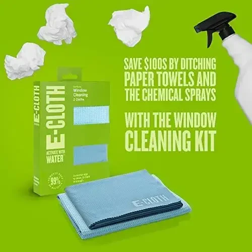 E-Cloth 2-Pack Window Cleaning Cloth - Streak-Free Glass & Mirror Cleaning Kit with Just Water, Glass Cleaning Cloth, Microfiber Towel Kit for Windows, Car Windshield, Mirrors - Alaskan Blue - 5