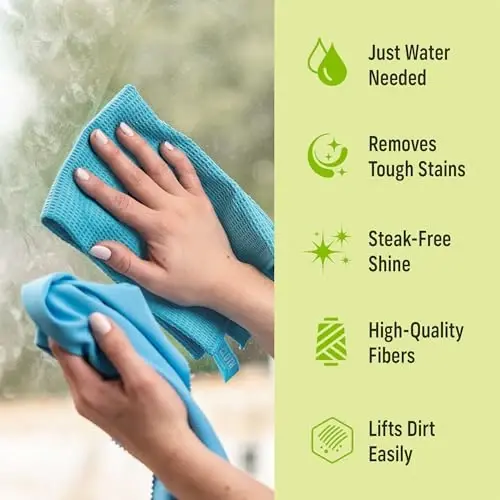E-Cloth 2-Pack Window Cleaning Cloth - Streak-Free Glass & Mirror Cleaning Kit with Just Water, Glass Cleaning Cloth, Microfiber Towel Kit for Windows, Car Windshield, Mirrors - Alaskan Blue - 6