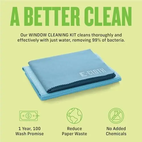 E-Cloth 2-Pack Window Cleaning Cloth - Streak-Free Glass & Mirror Cleaning Kit with Just Water, Glass Cleaning Cloth, Microfiber Towel Kit for Windows, Car Windshield, Mirrors - Alaskan Blue - 7