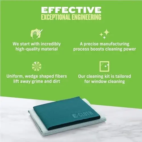 E-Cloth Oyna tozalash matosi - Eko qadoqlash - Shisha tozalash matosi, faqat suv bilan chiziqsiz oynalar, oynalar uchun mikrofiber sochiq to'plami, avtomobil oynasi, oynalar - Qishki yashil - 2 dona 