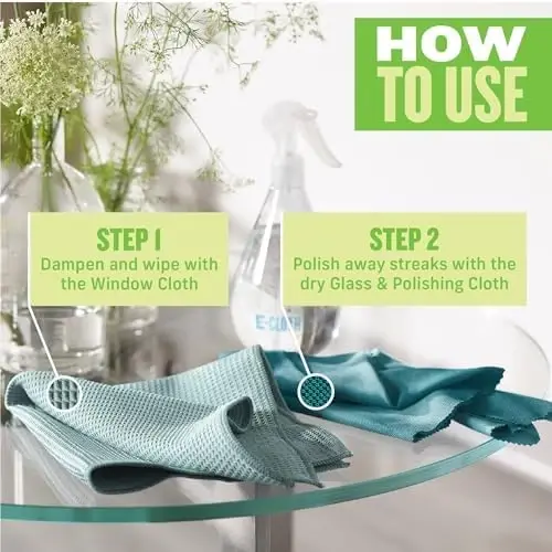 E-Cloth Oyna tozalash matosi - Eko qadoqlash - Shisha tozalash matosi, faqat suv bilan chiziqsiz oynalar, oynalar uchun mikrofiber sochiq to'plami, avtomobil oynasi, oynalar - Qishki yashil - 2 dona - 6