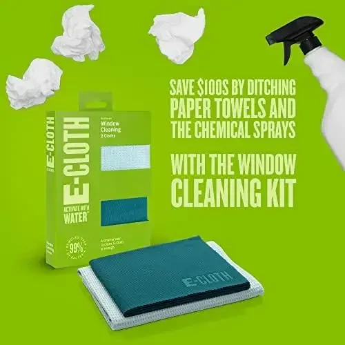 E-Cloth Oyna tozalash matosi - Eko qadoqlash - Shisha tozalash matosi, faqat suv bilan chiziqsiz oynalar, oynalar uchun mikrofiber sochiq to'plami, avtomobil oynasi, oynalar - Qishki yashil - 2 dona - 5
