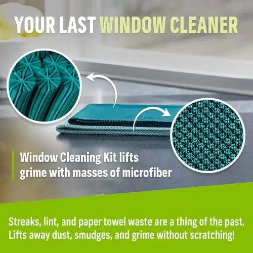 E-Cloth Window and Glass Cleaner Kit, Just Add Water - 4 Kits | Chemical-Free Cleaning - Reusable & Machine Washable Towel, Versatile Use for Mirrors, Cars, & Lenses, Winter Green - 5
