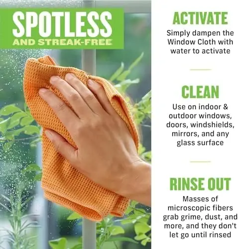 E-Cloth Window Cleaning Cloth - Derazalar va oynalarni tozalash uchun mato, suv bilan izsiz toza derazalar, derazalar, avtomobil oynalari, oynalar uchun mikrofiber sochiq tozalash to'plami - mandarin apelsin - 2 dona - 3