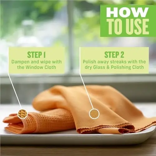 E-Cloth Window Cleaning Cloth - Derazalar va oynalarni tozalash uchun mato, suv bilan izsiz toza derazalar, derazalar, avtomobil oynalari, oynalar uchun mikrofiber sochiq tozalash to'plami - mandarin apelsin - 2 dona - 6