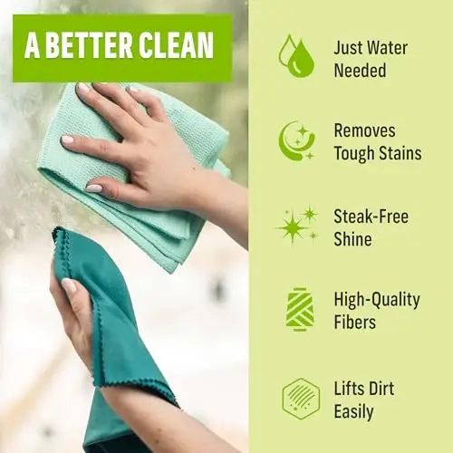 E-Cloth Window Cleaning Cloth - Window and Glass Cleaning Cloth, Shower Cleaning Cloth Kit, Glass Towels, Lint Free Towels, Microfiber Towel for Windows, Car Windshield, Mirrors - Winter Green - 6