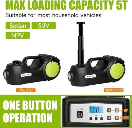 E-HEELP Electric Car Jack Kit 5 ton 12V Hydraulic Car Jack Lift (Lifting Range: 5.3-14.17inches) with Impact Wrench Inflator Pump for Car SUV Sedan MPV, LCD Display and Tire Pressure Monitor | Real-Time Tire Pressure Monitoring for SUVs, Sedans and MPVs during Roadside Tire Service - E-HEELP (1)