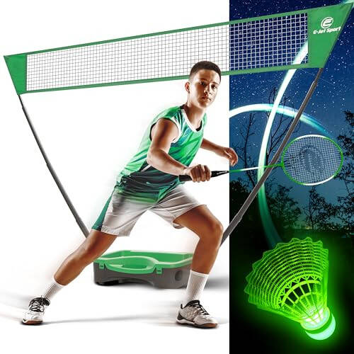 E-jetSport Badminton Net Outdoor Game Set, Rackets Shuttlecocks Combo for Kids & Family Portable, No Tools Required - Backyard Training, Beach, Park, Picnic Games, Green - 14