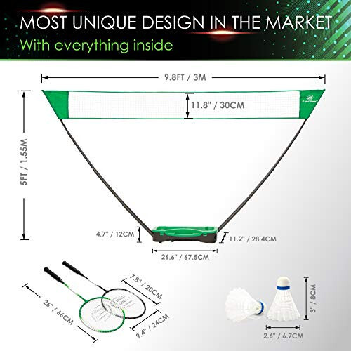 E-jetSport Badminton Net Outdoor Game Set, Rackets Shuttlecocks Combo for Kids & Family Portable, No Tools Required - Backyard Training, Beach, Park, Picnic Games, Green - 15