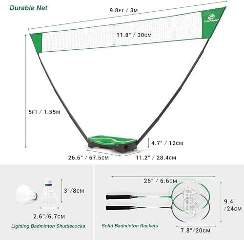 E-jetSport Badminton Net Outdoor Game Set, Rackets Shuttlecocks Combo for Kids & Family Portable, No Tools Required - Backyard Training, Beach, Park, Picnic Games, Green - 13