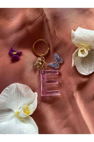 E Letter Bear Keychain Set with Butterfly Detail in Pink - BELLINZONA