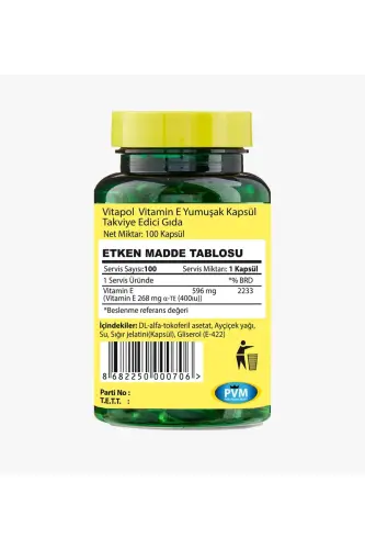 E Vitamini 268 Mg 100 Kapsül 400 Ünite Yurdavit - VITAPOL (1)