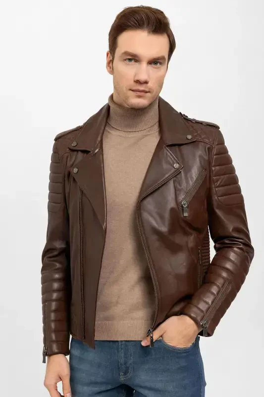 E1001 Cognac Biker Men's Genuine Leather Jacket - DERIDERIM