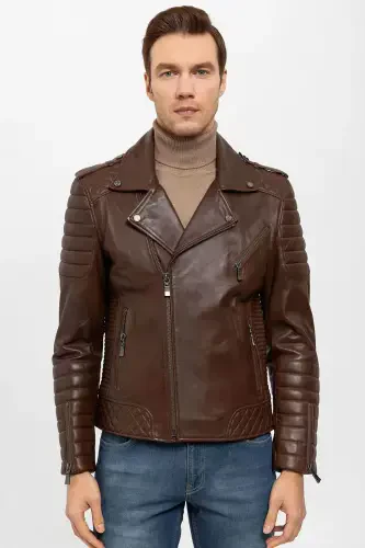 E1001 Cognac Biker Men's Genuine Leather Jacket - DERIDERIM (1)