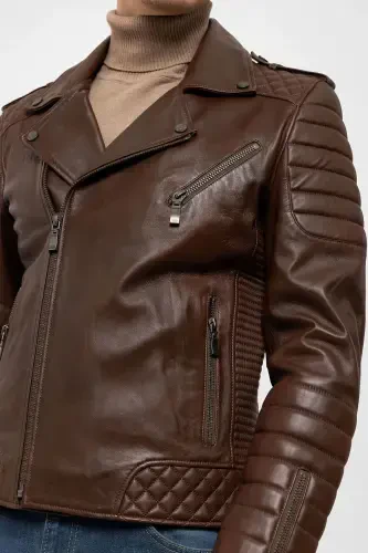 E1001 Cognac Biker Men's Genuine Leather Jacket - 4