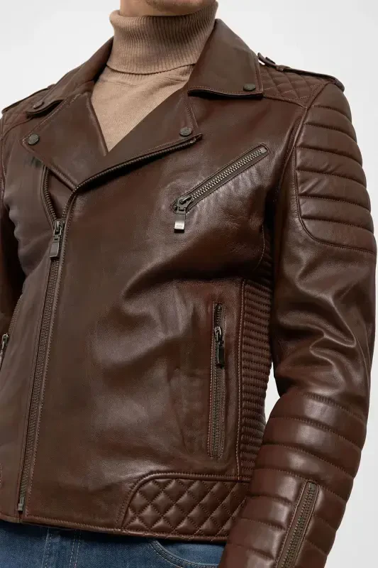 E1001 Cognac Biker Men's Genuine Leather Jacket - 4