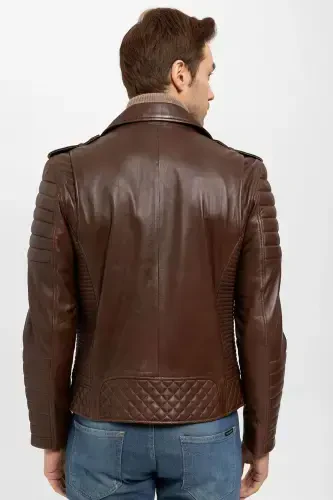 E1001 Cognac Biker Men's Genuine Leather Jacket - 5