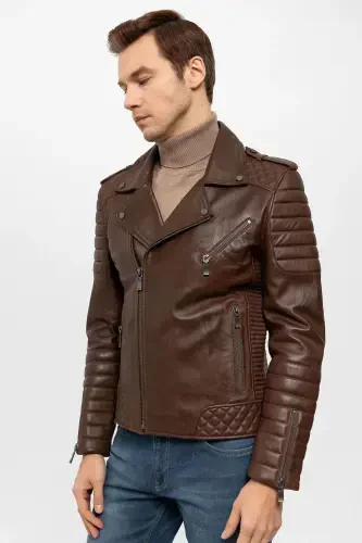 E1001 Cognac Biker Men's Genuine Leather Jacket - 6