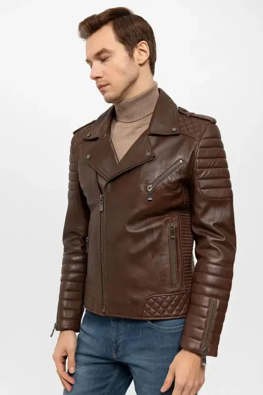 E1001 Cognac Biker Men's Genuine Leather Jacket - 6