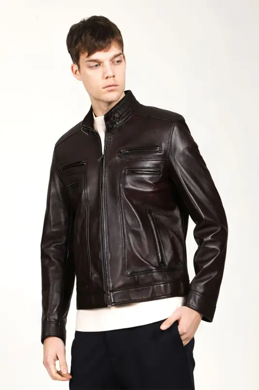 E1084 Genuine Leather Men's Jacket Chestnut-CHESTNUT - DERICLUB