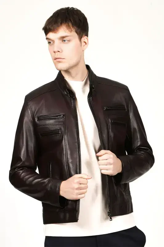 E1084 Genuine Leather Men's Jacket Chestnut-CHESTNUT - 3