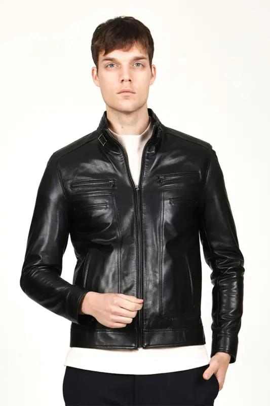 E1084 Plus Size Genuine Leather Men's Jacket Black-Black - DERICLUB