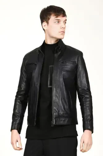 E1084 Plus Size Genuine Leather Men's Jacket Black-Black - 3