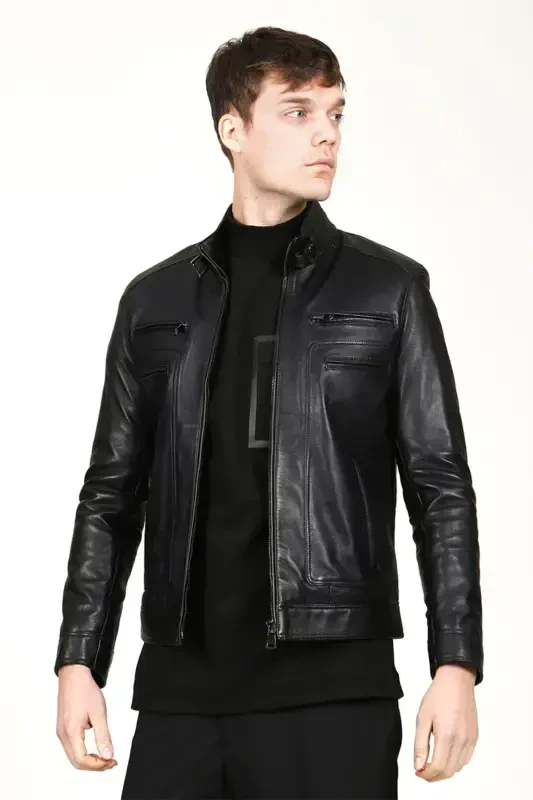 E1084 Plus Size Genuine Leather Men's Jacket Black-Black - 3