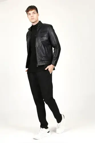 E1084 Plus Size Genuine Leather Men's Jacket Black-Black - 4