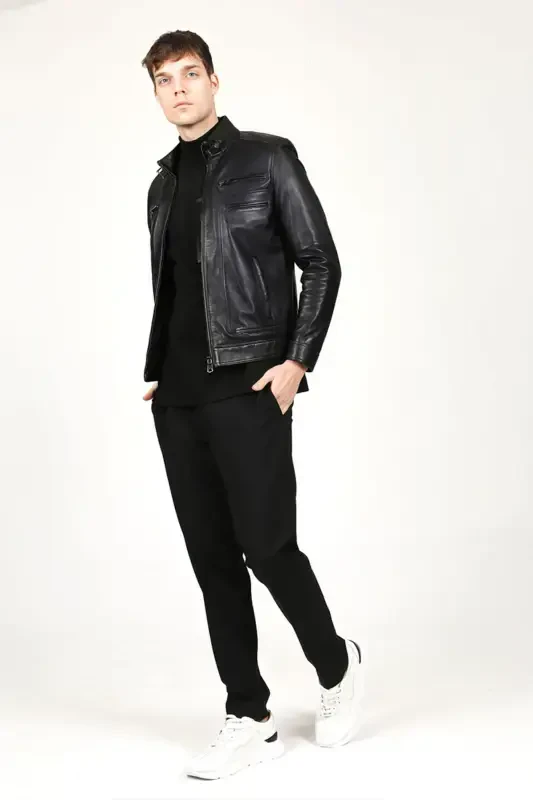 E1084 Plus Size Genuine Leather Men's Jacket Black-Black - 4