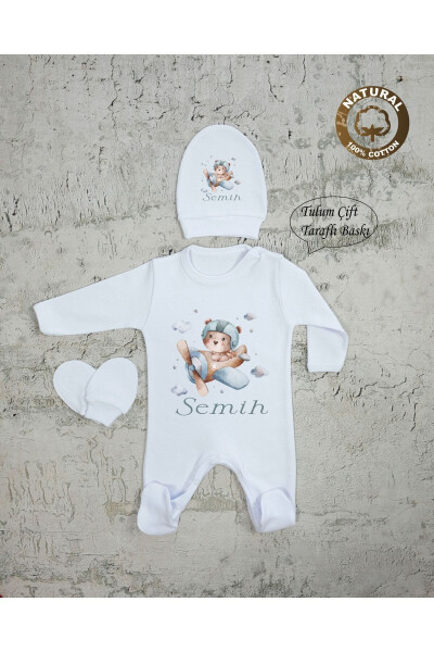 E77 T Isme Özel Isimli Baskılı Bebek Tulum Şapka Eldiven Set Hastane Çıkışı - AFTONVIOL