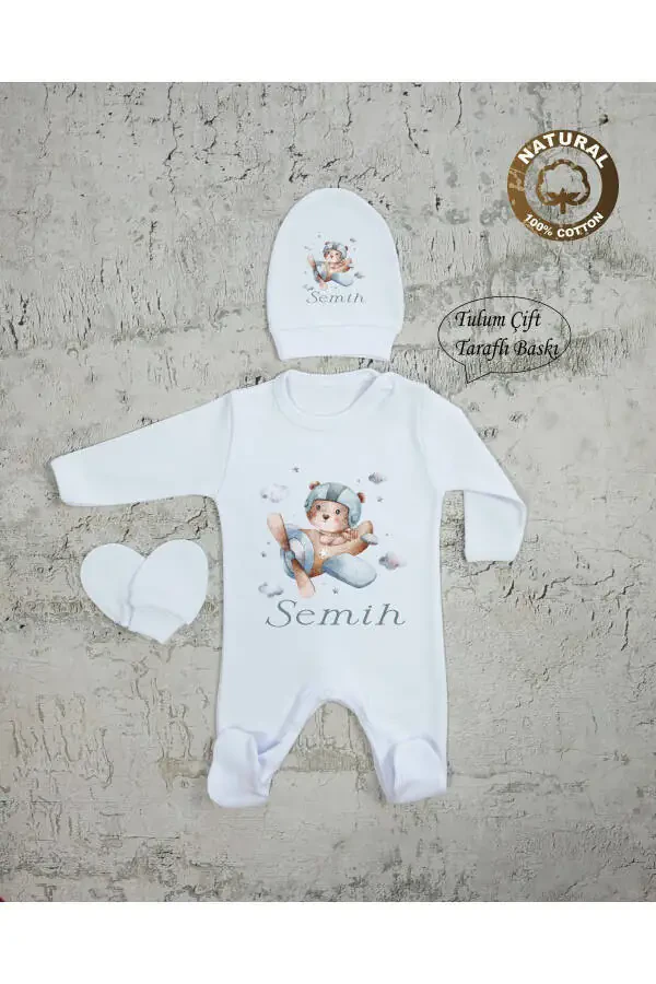 E77 T Isme Özel Isimli Baskılı Bebek Tulum Şapka Eldiven Set Hastane Çıkışı - 1