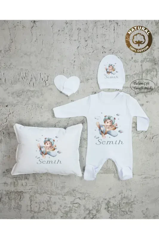 E77 Ty Name Personalized Printed Baby Pillow Romper Hat Glove Set Hospital Discharge - AFTONVIOL