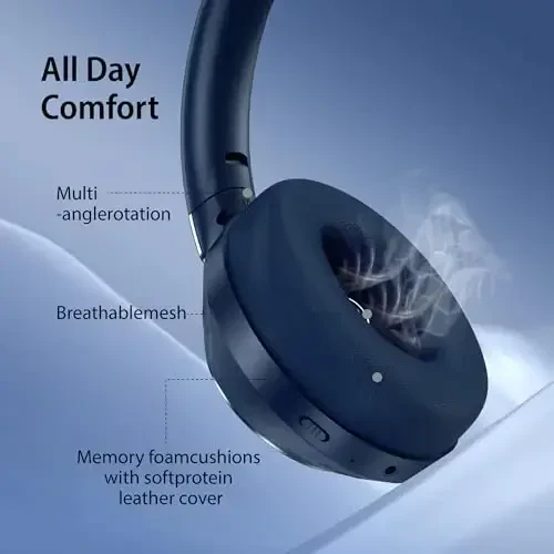 EAORUL Active Noise Cancelling Headphones, 100H Playtime Headphones Wireless Bluetooth, Bluetooth Headphone with Microphone, Over- Ear Wireless Headphone with Deep Bass for Travel (Blue) - 6