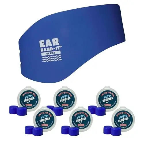 Earvolution Ear Band-It Ultra Swimming Headband & Floating Putty Buddies Silicone Ear Plugs Bundle, Doctor-Invented Waterproof System for Ear Tubes & Swimmer's Ear Prevention - Blue - Large - 5