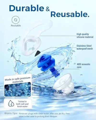 Ear Plugs for Swimming–2 Pairs Soft Silicone Reusable Waterproof Earplugs for Adults & Men Women, Custom Fit for Swimmers Ear, Pool, Beach, Snorkeling, Surfing, Kickboard Training(Blue) - 5