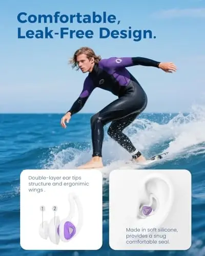 Ear Plugs for Swimming–2 Pairs Soft Silicone Reusable Waterproof Earplugs for Adults & Men Women, Custom Fit for Swimmers Ear, Pool, Beach, Snorkeling, Surfing, Kickboard Training(Purple) - 2