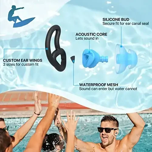 Ear Plugs for Swimming–2 Pairs Soft Silicone Reusable Waterproof Earplugs for Adults & Men Women, Custom Fit for Swimmers Ear, Pool, Beach, Snorkeling, Surfing, Kickboard Training(Sky Blue) - HEARPROTEK
