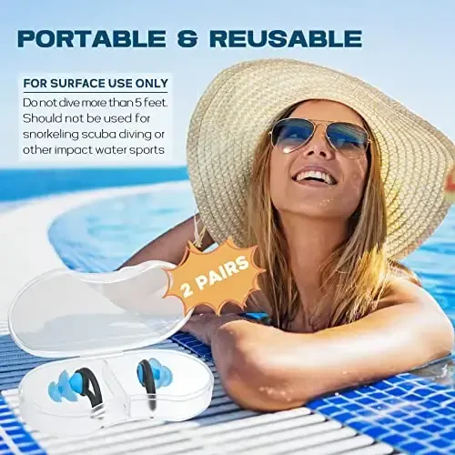 Ear Plugs for Swimming–2 Pairs Soft Silicone Reusable Waterproof Earplugs for Adults & Men Women, Custom Fit for Swimmers Ear, Pool, Beach, Snorkeling, Surfing, Kickboard Training(Sky Blue) - 5