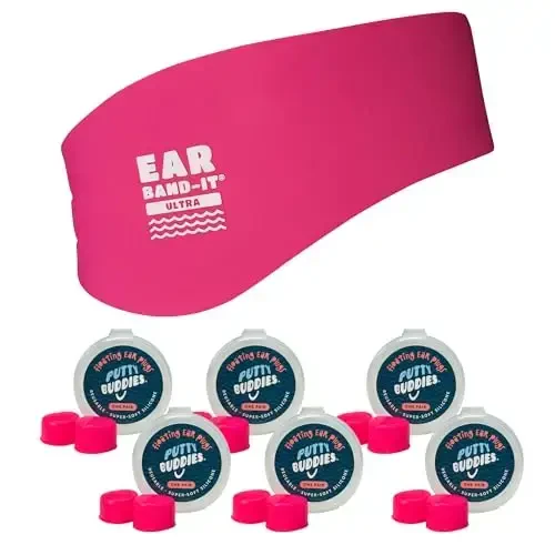 Earvolution Ear Band-It Ultra Premium Swimming Headband and Swimmers Ear Plugs Bundle - Invented by Ear, Nose, and Throat Physician - Made in USA - Custom Anti-Slip Grip Neoprene - Hot Pink - Medium - 1