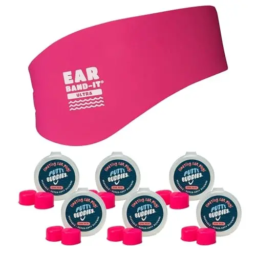 Earvolution Ear Band-It Ultra Swimming Headband & Floating Putty Buddies Silicone Ear Plugs Bundle, Doctor-Invented Waterproof System for Ear Tubes & Swimmer's Ear Prevention - Hot Pink - Medium - 1