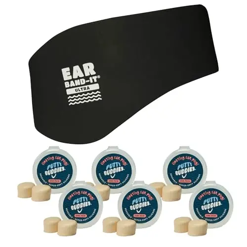 Earvolution Ear Band-It Ultra Swimming Headband & Floating Putty Buddies Silicone Ear Plugs Bundle, Doctor-Invented Waterproof System for Ear Tubes & Swimmer's Ear Prevention - Black - Large - 1