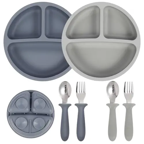 Eascrozn 2 Pack Silicone Suction Plates for Baby, Forks and Spoons Set | Toddler Utensils, Divided, BPA Free, Baby Led Weaning Feeding Supplies, Microwave and Dishwasher Safe - 1