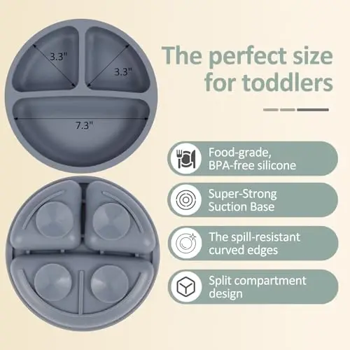 Eascrozn 2 Pack Silicone Suction Plates for Baby, Forks and Spoons Set | Toddler Utensils, Divided, BPA Free, Baby Led Weaning Feeding Supplies, Microwave and Dishwasher Safe - 3