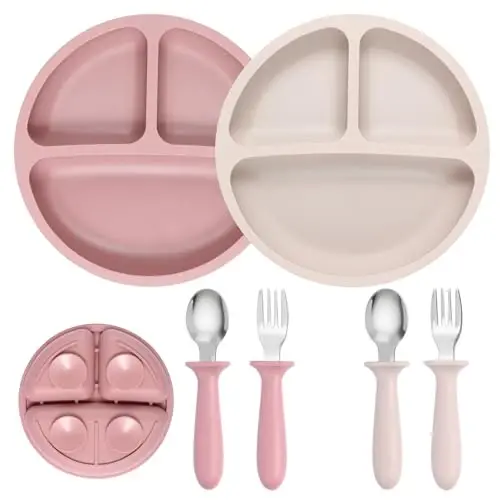 Eascrozn 2 Pack So‘rg‘ichli silikon bolalar taqsimlangan likoplari, 2 dona bolalar uchun sanchqi va qoshiqlar to‘plami, BPA-siz, bolalar idishlari uchun bolalarni ovqatlantirish to‘plami, mikroto‘lqinli pech va idish yuvish mashinasi uchun xavfsiz - EASCROZN