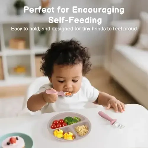Eascrozn 2 Pack So‘rg‘ichli silikon bolalar taqsimlangan likoplari, 2 dona bolalar uchun sanchqi va qoshiqlar to‘plami, BPA-siz, bolalar idishlari uchun bolalarni ovqatlantirish to‘plami, mikroto‘lqinli pech va idish yuvish mashinasi uchun xavfsiz - 6