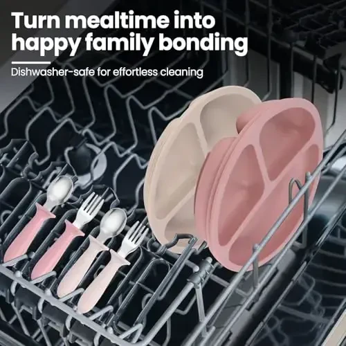 Eascrozn 2 Pack So‘rg‘ichli silikon bolalar taqsimlangan likoplari, 2 dona bolalar uchun sanchqi va qoshiqlar to‘plami, BPA-siz, bolalar idishlari uchun bolalarni ovqatlantirish to‘plami, mikroto‘lqinli pech va idish yuvish mashinasi uchun xavfsiz - 7